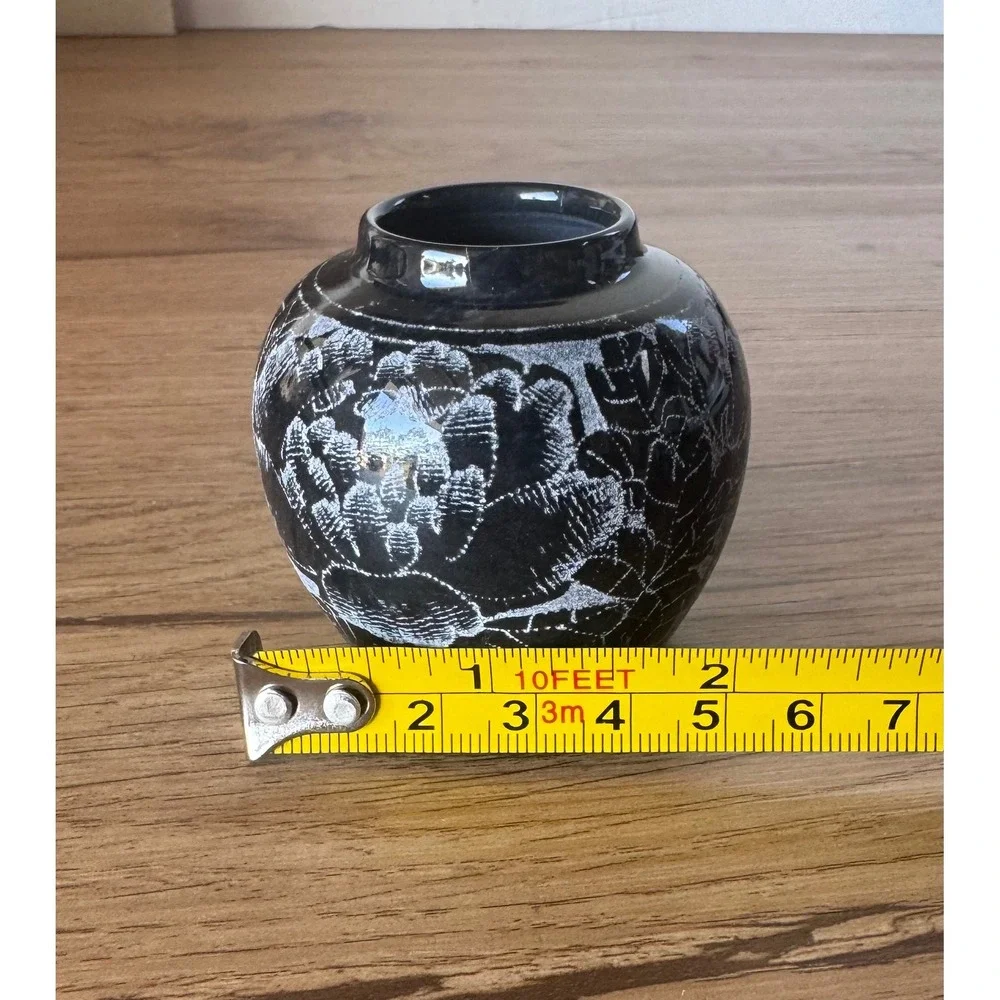 Vintage Hand Carved Black Stone Etched Floral Peony Bud Vase 2.5 Inch